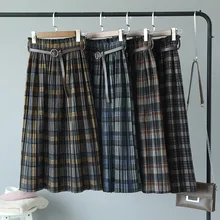 Mooirue зимние женские винтажные плиссированные юбки с поясом клетчатые повседневные уличные повседневные свободные нижние юбки Харадзюку женские
