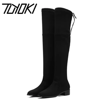 

Tuyoki 2020 Women Winter Boots Autumn All Match Elastic Fabric Over The Knee High Shoes Square Flats Women Boots Size 34-43