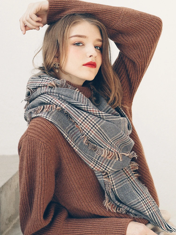 Designer Plaid Women Scarf Wool Houndstooth Warm Lambwool Autumn
