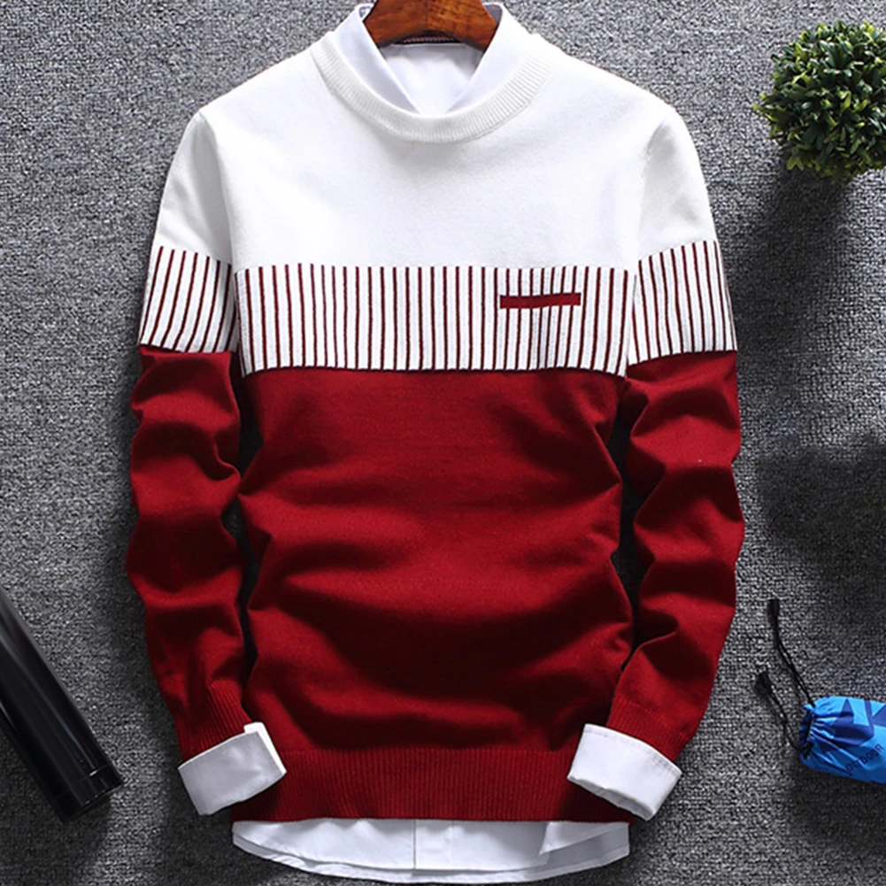 mens christmas sweater Fashion Men striped Sweater pullover Color Block Patchwork O Neck Long Sleeve Knitted Sweater Top Blouse For Warm Men's Clothing mens turtle neck jumper