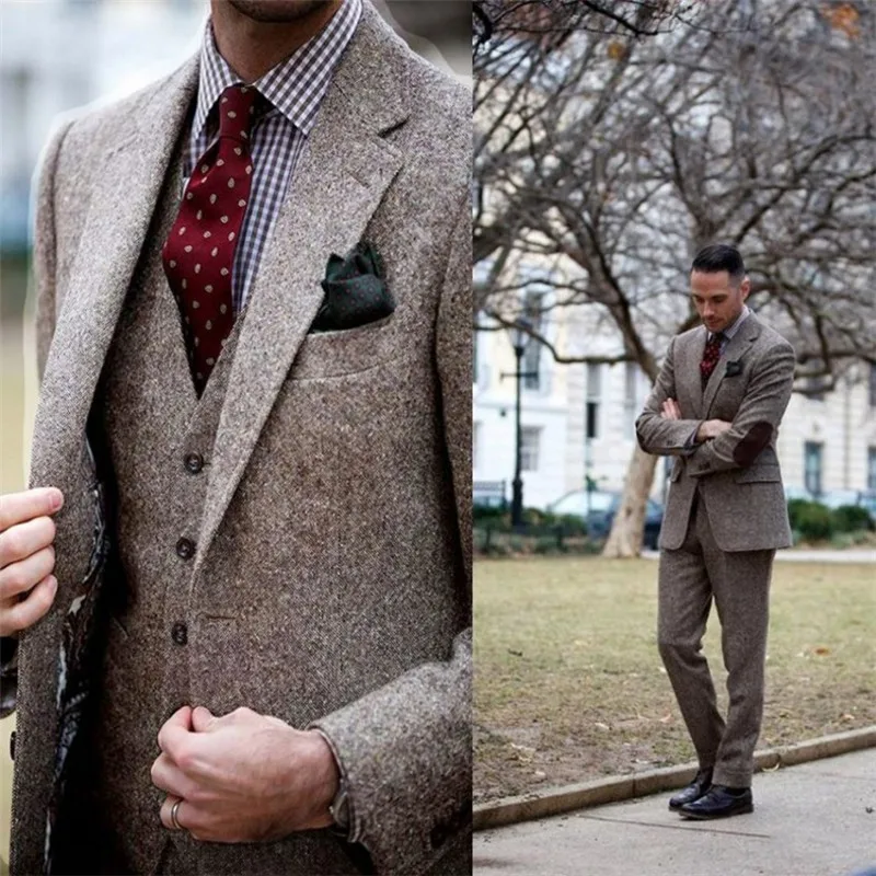 

Vintage Winter Tweed Suits Brown Tweed Men Suits With Patch Design 3 Pieces Costume Homme Smart Business Formal Wedding Suits