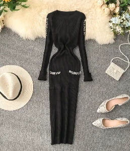 Amolapha женское трикотажное платье с жемчугом Vestidos, Элегантные Женские однотонные вязаные платья с длинным рукавом и карманами, наряды - Цвет: Черный