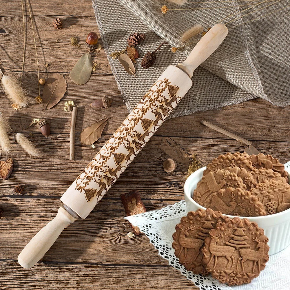 

Christmas Rolling Pins Rock Snowflake Elk Wooden Rolling Embossing Baking Cookie Biscuit Fondant Cake Patterned Roller 35/45*5cm