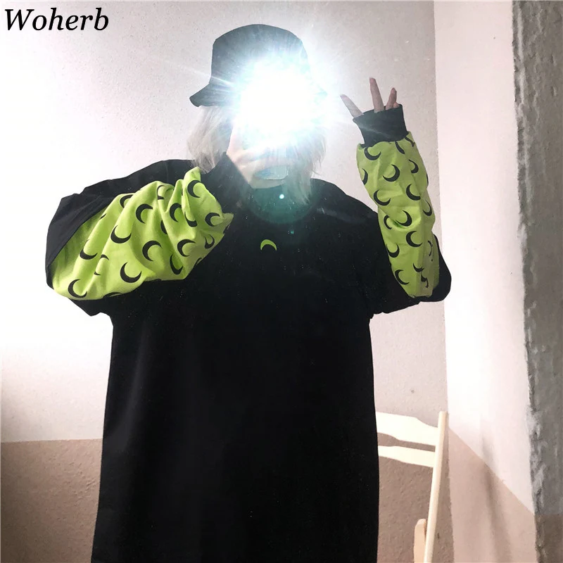 Woherb с длинным рукавом поддельные две части толстовки Harajuku мода свободные луна печати Топы женские корейский свитер уличная 91280