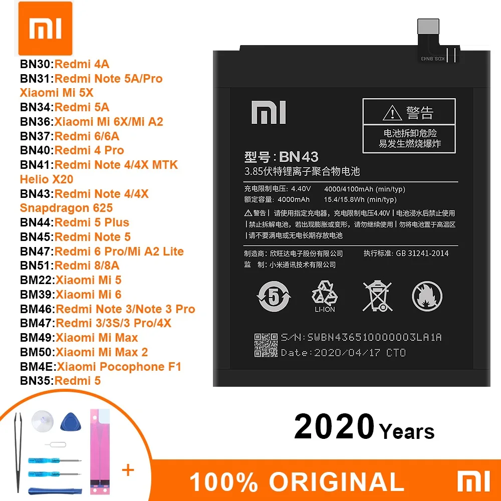 Оригинальный сменный аккумулятор Xiaomi BN43 BN40 BN41 BM47 для Redmi Note 4/4X 3 3S 3X 4X 3Pro 4/5A Mi 5 6 6X/Mi A2