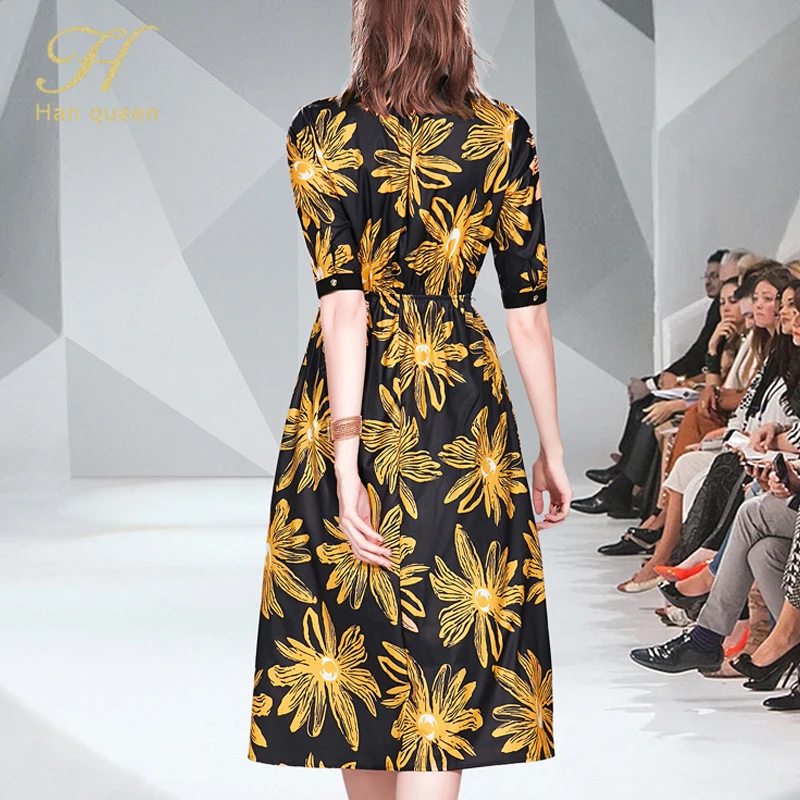H Han Queen New Printed Pleated Dress Women Work Party Slim Sexy Casual Dresses O-neck A-line Vintage Office Vestidos
