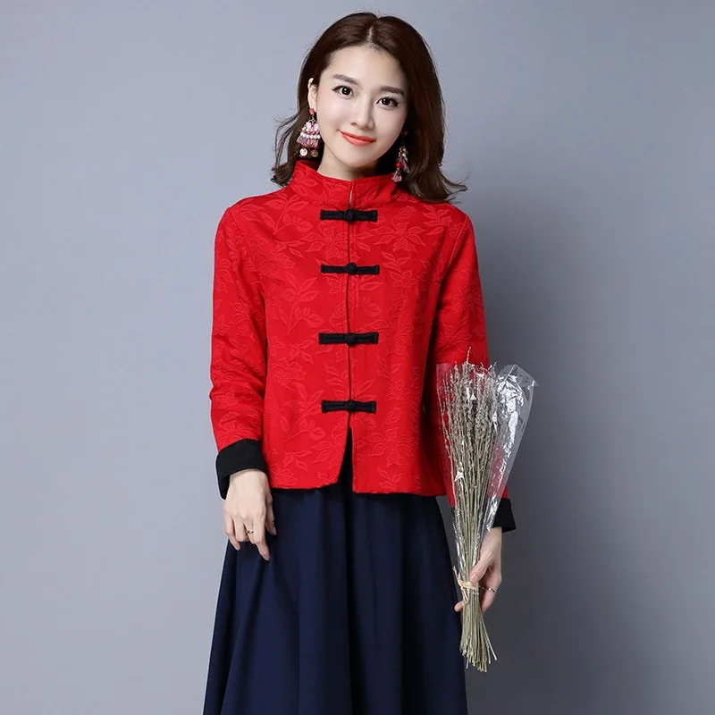 New Year Chinese Style Clothing Women Hanfu Vintage Long Sleeve Cotton Linen Tang Suit Traditional China Fashion Tops Coat 12073