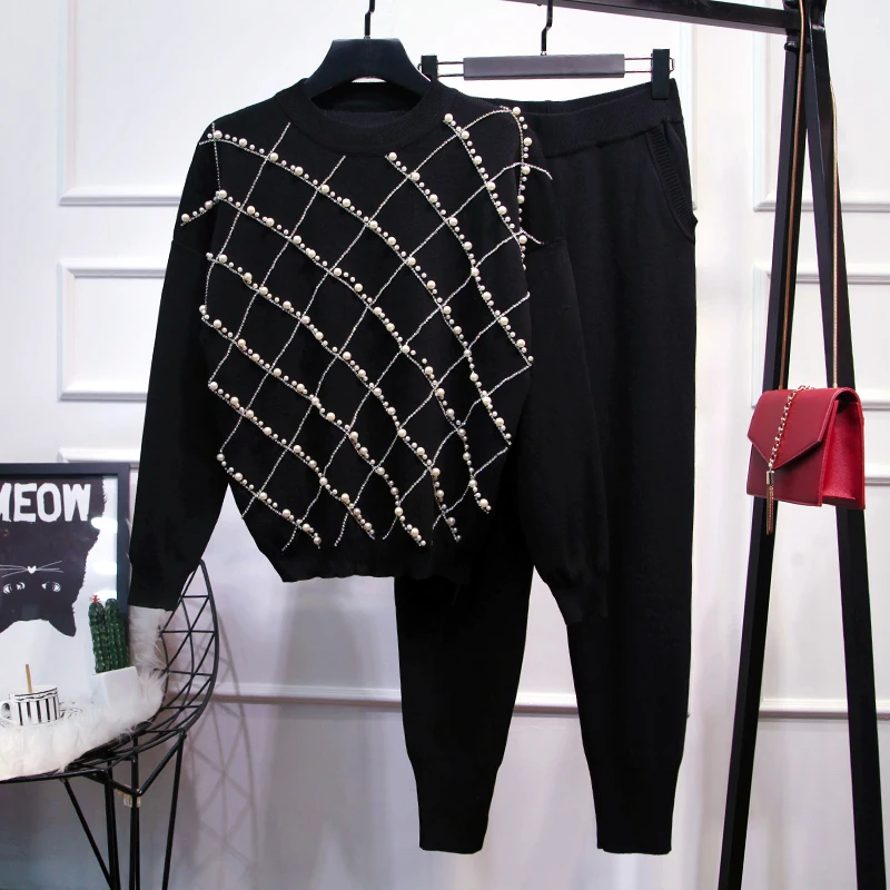 HIGH STREET/Новинка, стильный костюм для подиума, комплект, Женский пуловер с сеточкой и жемчужинами, комплект со штанами