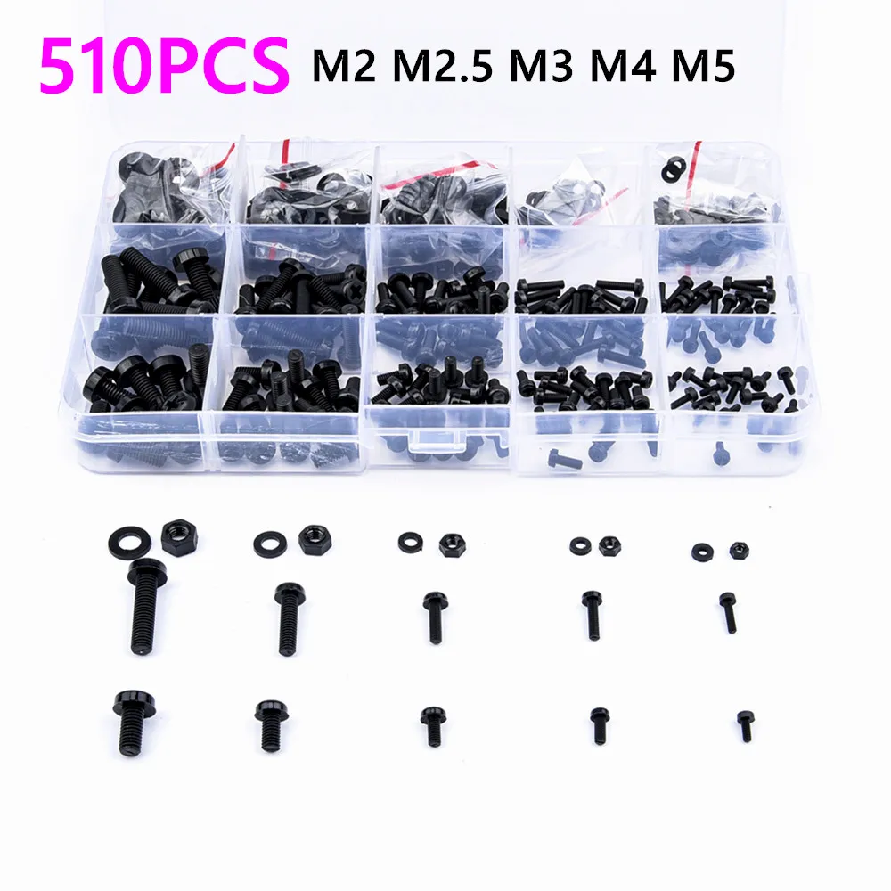 510PCS Metric M2 M2.5 M3 M4 M5 Black Nylon Phillips Pan Head Screws Hex Nut Flat Washer Kit for RC FPV Motor Quadcopter