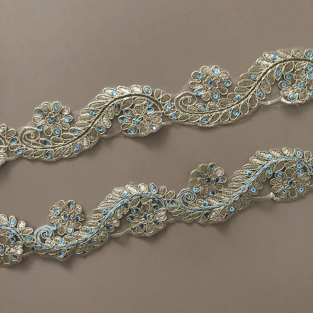 2 ярда золотая нить синие блестки кружевная Цветочная аппликация отделка ручной