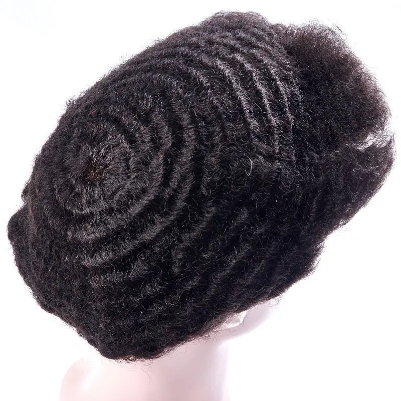 Black Mens Toupee Wig Thin Skin 0.12mm Afro Kinky Curly Replacement System Handmade Hairpieces Indian Human Remy Hair