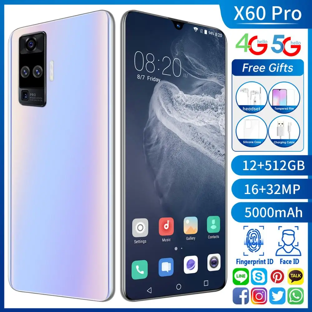 Global Version 6.6&quot X60 Pro Snapdragon 865 Quad Camera 32MP Smartphone 12GB+512GB 5000mAh Android 10.0 5G LTE Cell Mobile Phone |