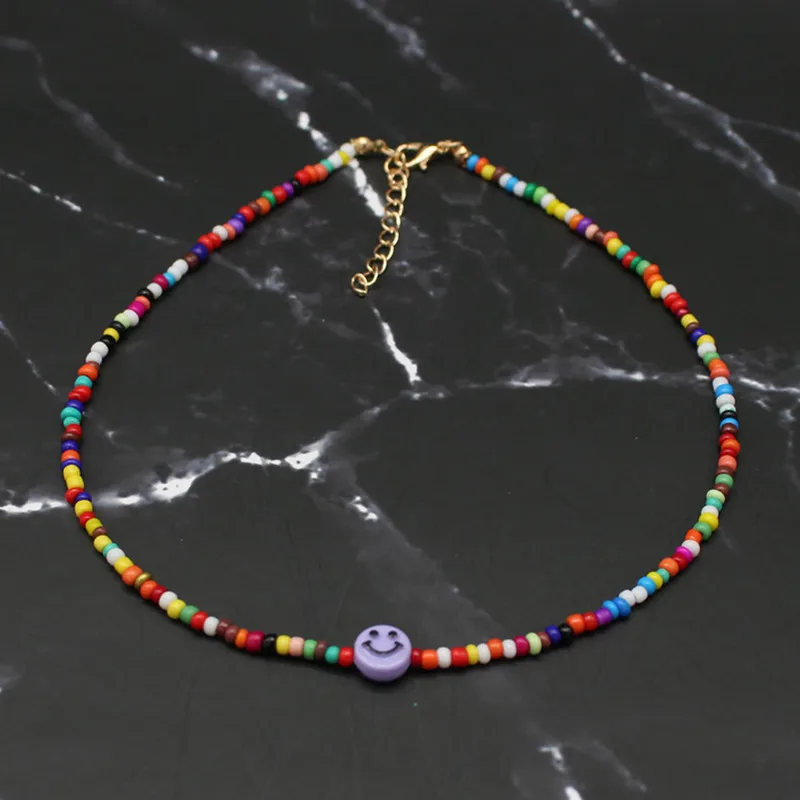 Simple Choker Necklaces Smiley Women Chain Ladies Seed Beads Pendant Girls Jewelry Colorful Trendy Korean Collares