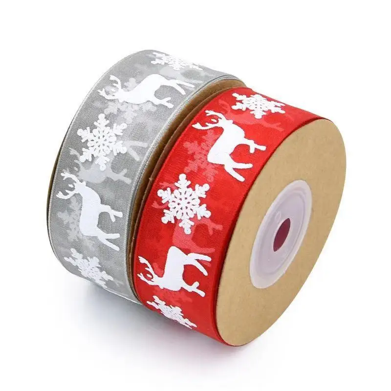 

free shipping Christmas series organza ribbon printed dear and snow 2.5cm width ribbon for Christmas decoration