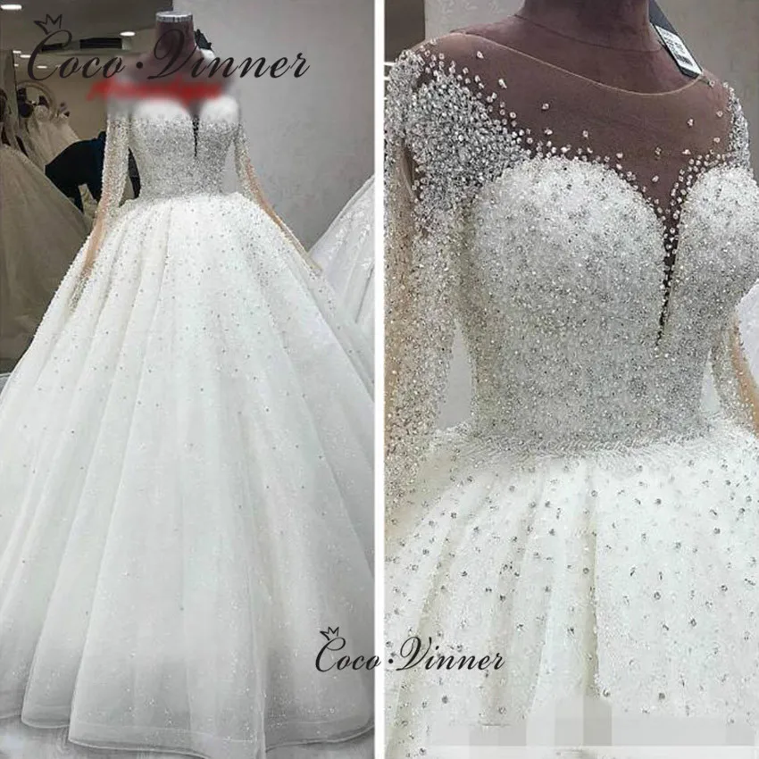 beach wedding dresses O neck Full Sleeves Luxury Crystal Wedding Dress 2022 New Design Sheer Neck Plus Size Custom Made Princess Wedding Gown W0891 short wedding dresses