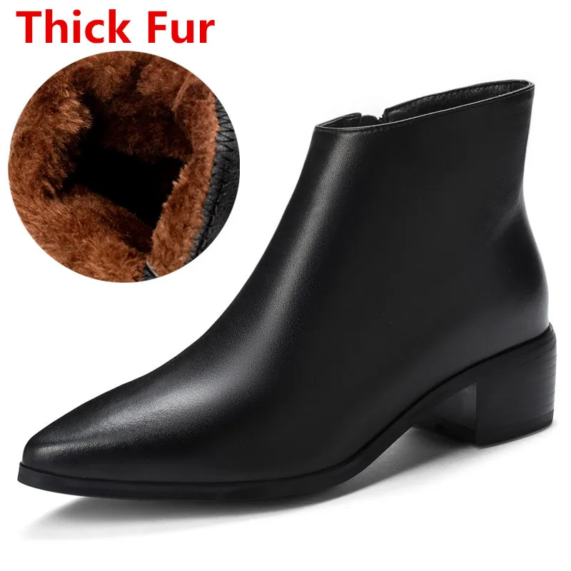 black 2 thick fur ASUMER/Новинка года; классические ботинки из натуральной кожи; женские ботинки с острым носком на квадратном каблуке; сезон осень-зима; Модные женские ботильоны - Цвет: black 2 thick fur