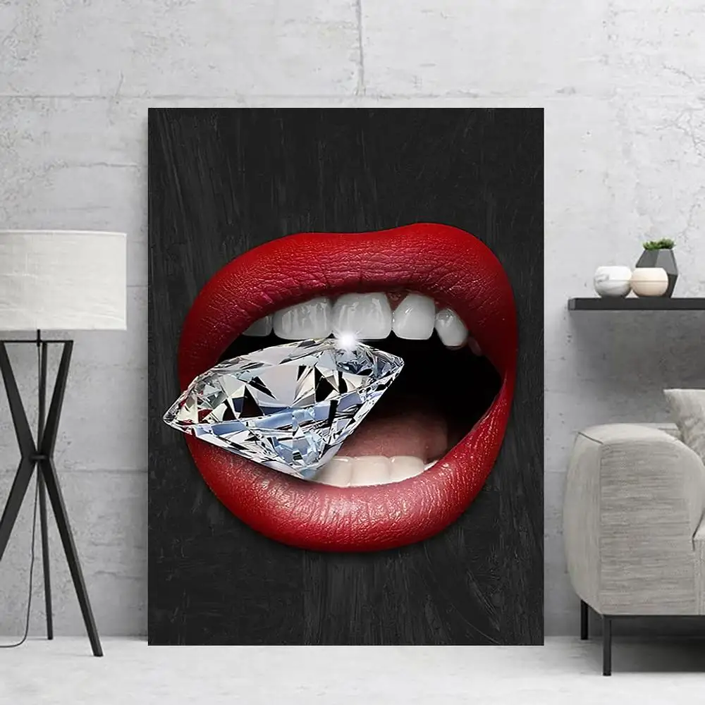 Картина на холсте с красными губами и стразами HD принты минималистичные