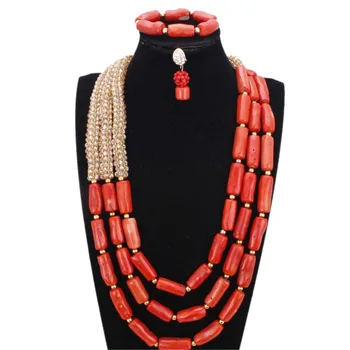 

Dudo Bridal Jewelry Set 12-13mm Nature Coral Beads +Crystal Gold Necklace Set 3 Layers Orange / Red / Green African Wedding Set