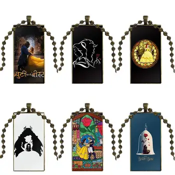 

Glass Cabochon Pendant Necklace Rectangle Fashion Necklace For Women Handmade Girls The Beauty And The Beast Movie