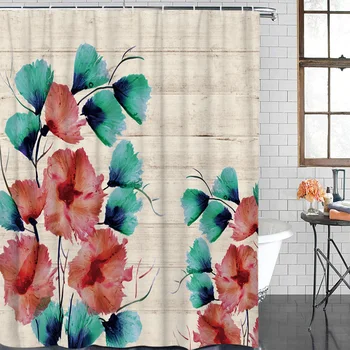 

Bathroom Curtain Cyan Red Flower Wooden Texture Waterproof Fabric Shower Curtain Home Bathroom Decoration Shower Curtains