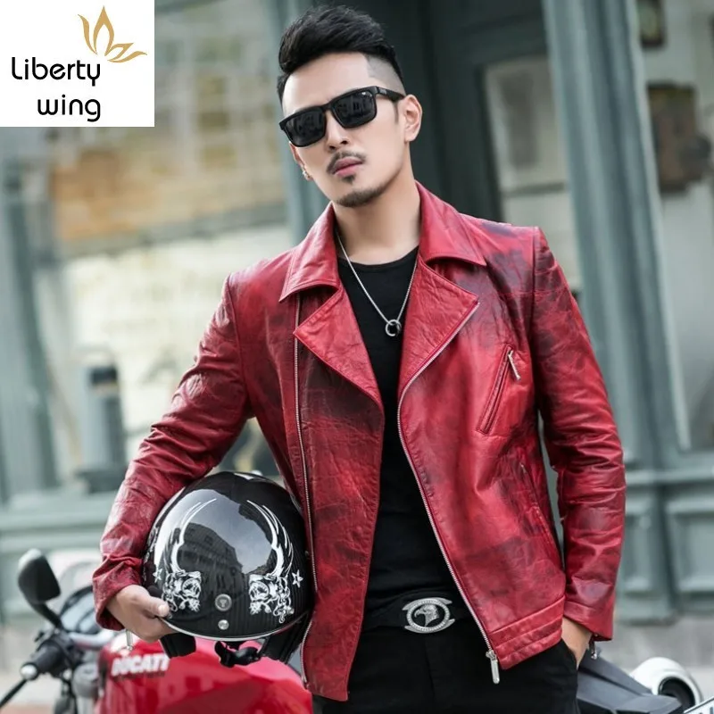 

2020 New Mens Luxury Sheepskin Genuine Slim Fit Motorcycle Leather Jacket Men Punk Designer Red Outwear Coat 4XL