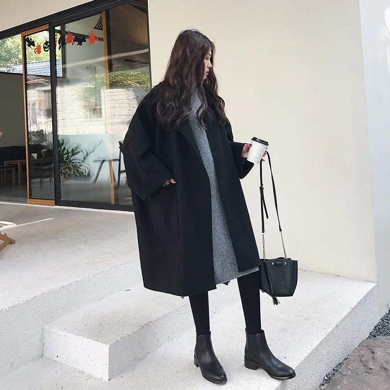Женское зимнее пальто с длинным рукавом, теплое одноцветное шерстяное женское элегантное длинное шерстяное пальто размера плюс 4901 - Цвет: Black