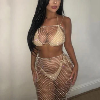 

Shiny Diamante See Through Women Two 2 Piece Set Halter Backless Bandage Crop Tops Fishnet Grid Skirt Summer Beach 2 Pcs Outfits