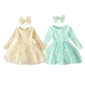

2020 Autumn Baby Girls Clothing Children Long Sleeve Round Collar Daisy Printing Hemline Mesh Dresses + Bow Hairband 1-6T Dress