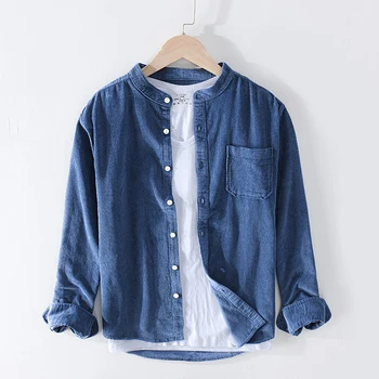 

Men's Long Sleeve Standard-fit Solid Corduroy Cotton Shirt Single Patch Pocket Casual Blue Workwear Button-down Dress Shirts