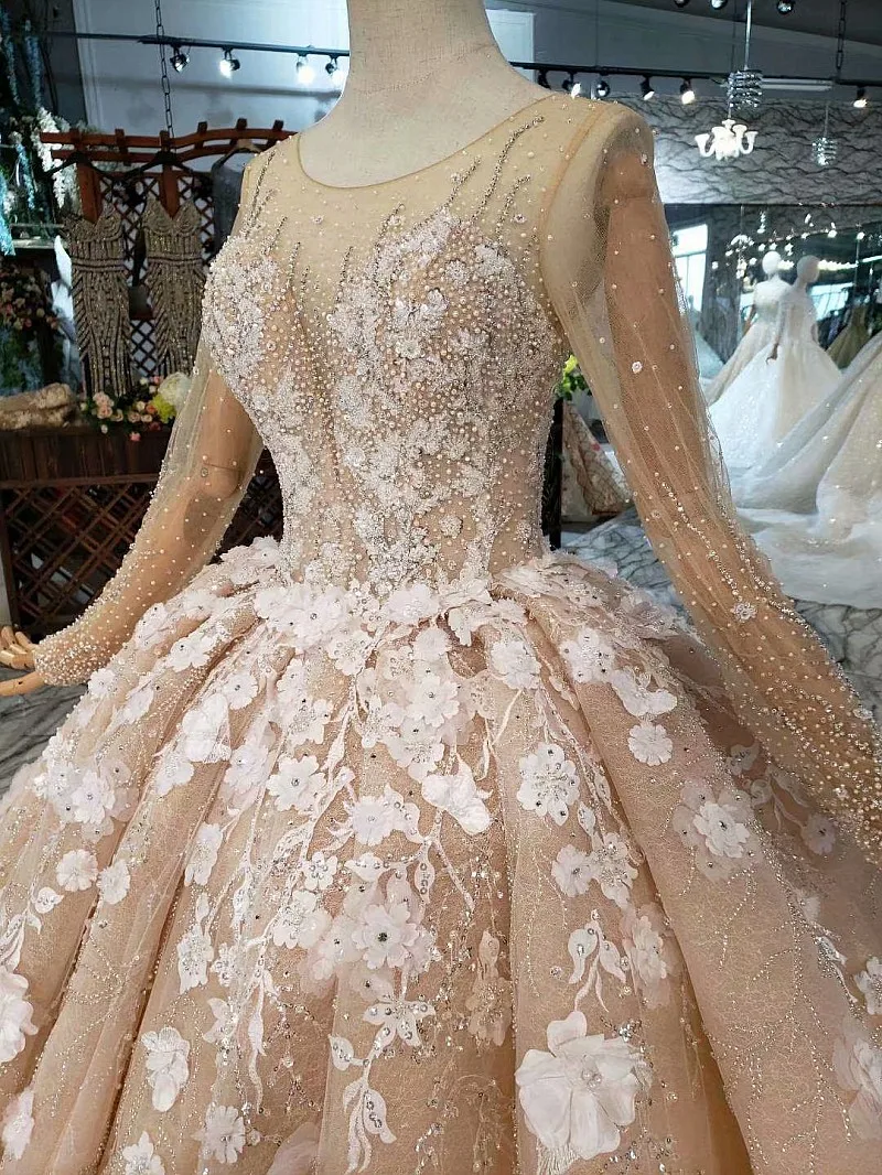 CloverBridal дорогой достойный слоновой кости Иллюзия с длинным рукавом длина пола камни жемчуг Цветы Роскошные свадебные платья