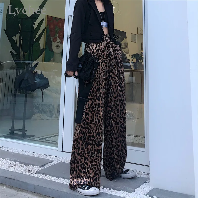 Lychee, Harajuku, леопардовые женские штаны, эластичные, высокая талия, свободные, женские брюки, низ, повседневные, весна, осень, женские штаны, брюки