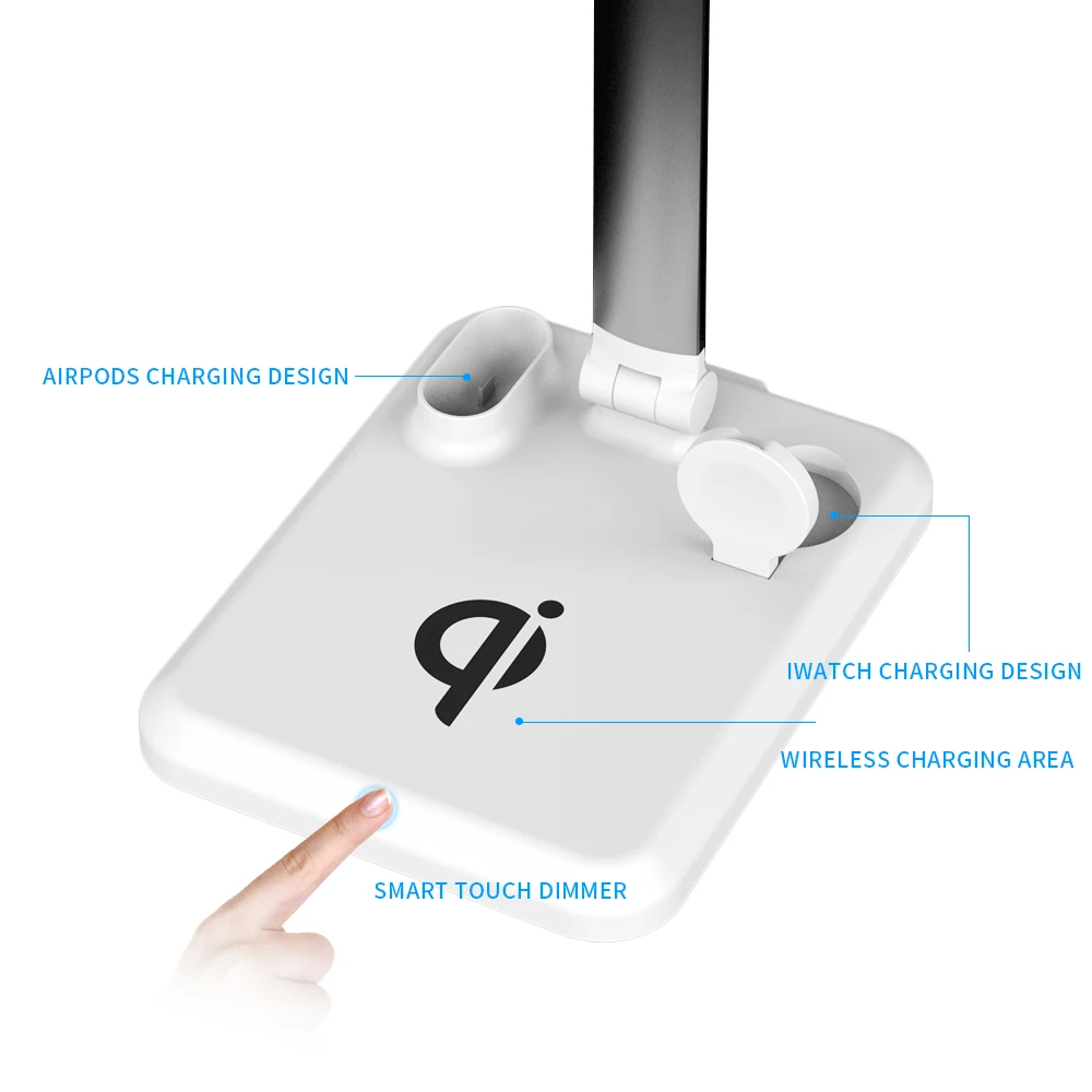 Светодиодный настольный светильник 4 в 1 Qi Беспроводное зарядное устройство Многофункциональный светильник для чтения для мобильного телефона часы наушники зарядка