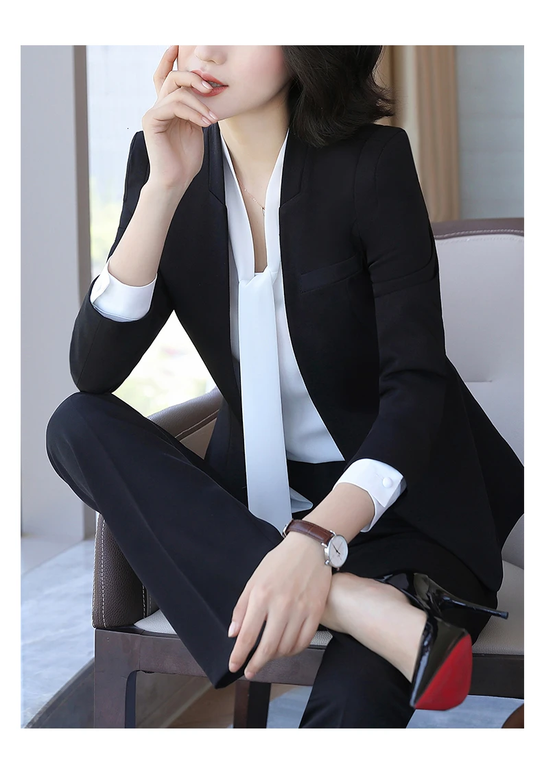 Black Pantsuits Элегантный абрикосовый униформа, дизайнерские брючные костюмы для женщин, деловая рабочая одежда с брюками и куртками, пальто, профессиональные блейзеры - Цвет: Black Pantsuits