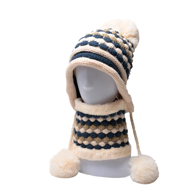 Beige Женская зимняя утолщенная теплая шапка, вязаная шапка, дизайн, шапка с двойным помпоном, шарф, шапка, набор, милая модная шапка для девочек T09 - Цвет: Beige