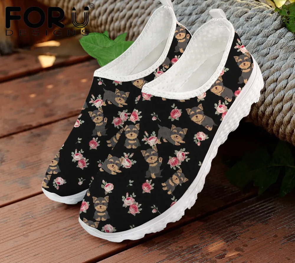 

Женские легкие сетчатые туфли FORUDESIGNS на плоской подошве, Симпатичные лоферы с рисунком животных, собак и цветов, женские удобные кроссовки, обувь