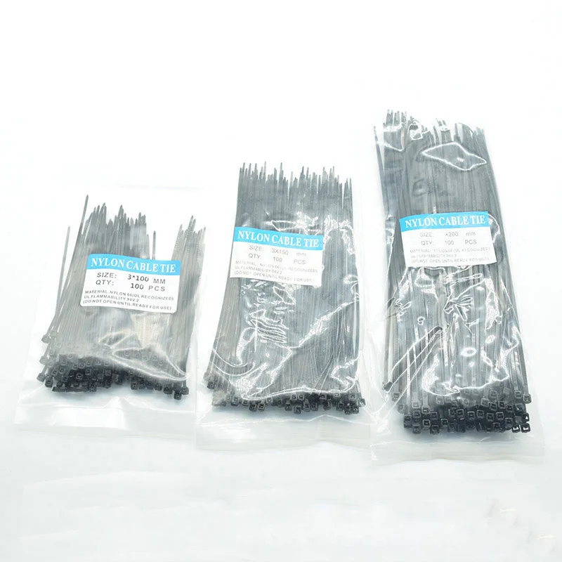 300pcs 3*100/3*150/3*200 나일론 케이블 타이 자동 잠금 플라스틱 와이어 지퍼 타이 세트 MRO 및 산업 공급 패스너 및 하드웨어