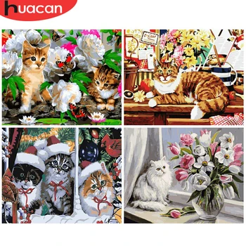 

HUACAN Pictures By Numbers Cat Animal Kits Drawing Canvas HandPainted DIY Oil Painting Flower Home Decoration Art