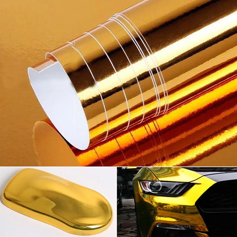 5m Gold Chrome Covering Film Car Stickers Vinyl Wrap Motorcycle Auto Wrapping Foil Body Bubble Cricut Carbon Fiber