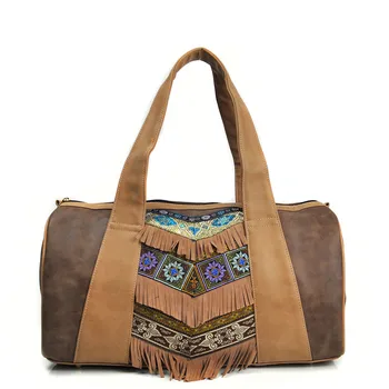 

Handmade national embroidery bag pu leather tassels handbag