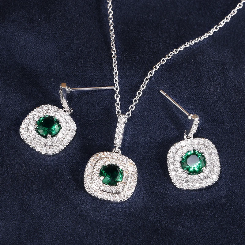Green ZAKOL Classic White Color Square Shape Zirconia Crystal Earrings Necklace Set For Women Trendy Bridal Wedding Jewelry FSSP262 - Окраска металла: Green
