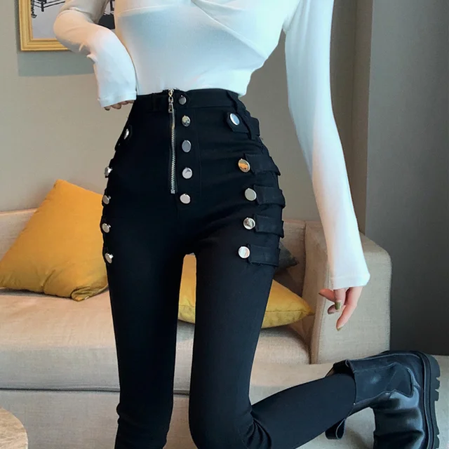 2020 Spring Autumn New fashion jeans Women Double Breasted Decoration high Waist Black Elastic Slim Casual Pencil Pants KZ886 1