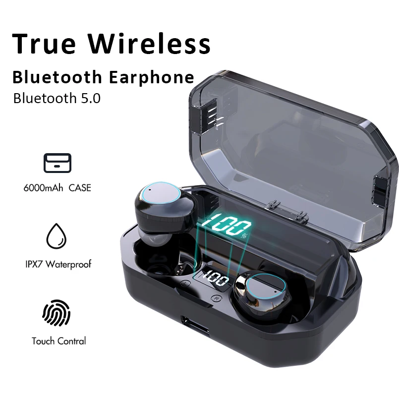 

TWS Wireless Bluetooth Earphone Bluetooth 5.0 Ipx7 Waterproof with 6000mAh Power Bank Rechargeable Charging Box