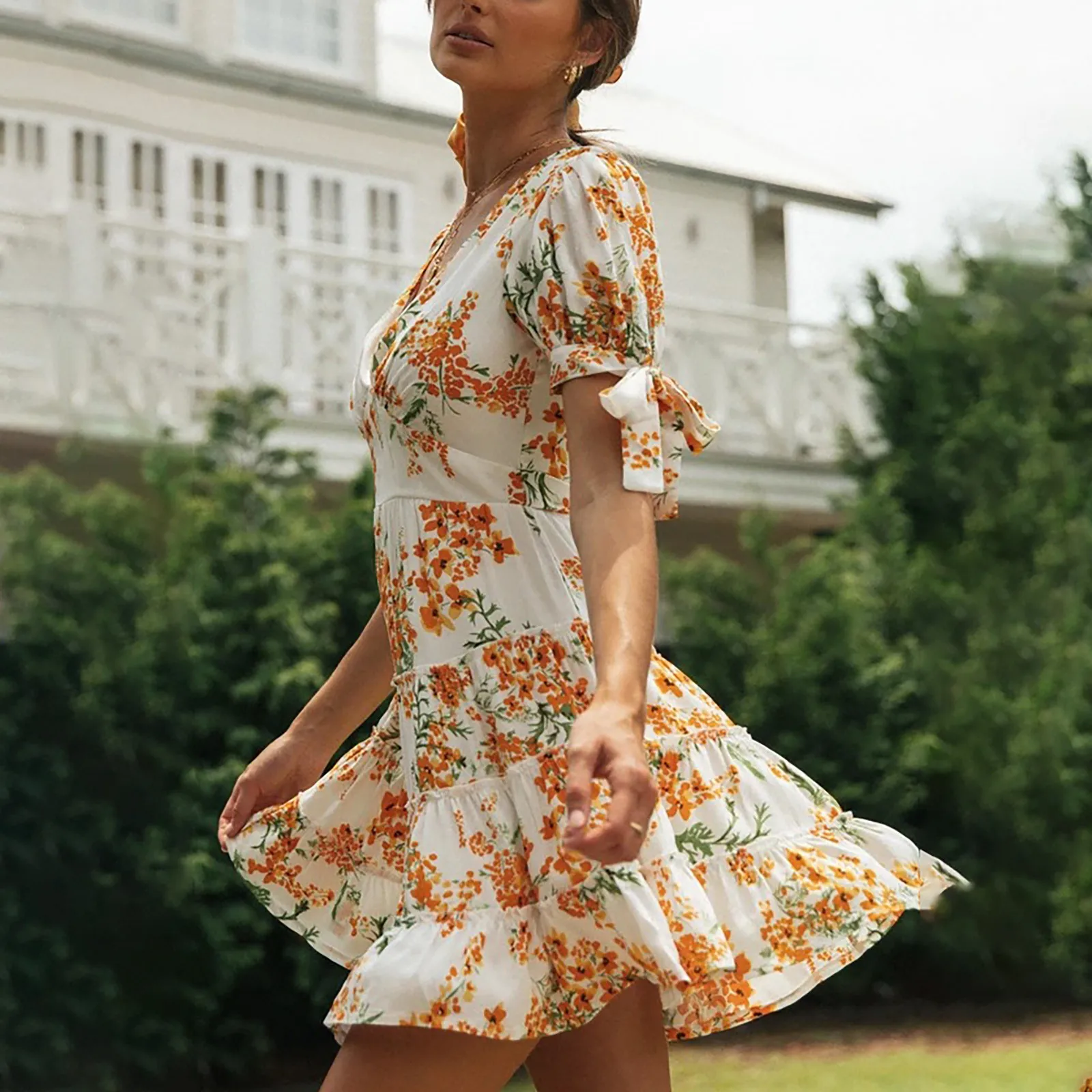 Summer Floral Print Beach Dresses Women's Sexy Off Shoulder Short -sleeve Knotted V-neck Printed Splicing Dresses Vestido Mujer 2