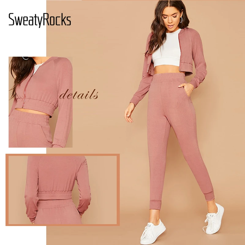 SweatyRocks, розовый, реглан, рукав, куртка-бомбер и джоггеры, комплект, женский свитер, набор, осень, одежда для активного отдыха, однотонный, комплект из 2 предметов
