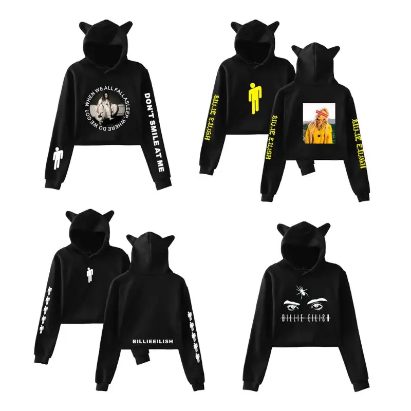 

Women Cute Cat Ear Long Sleeve Crop Top Drawstring Hoodies Hip Hop Girls Rapper Spider Letter Trendy Sweatshirt for Fans Support