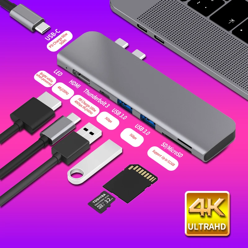 USB 3.0 Type C Hub к HDMI адаптеру 4K Thunderbolt 3 с 1 TF SD Reader слот PD для MacBook Pro/Air 0 2018|USB-хабы| |
