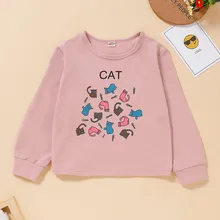 Свитшоты для маленьких девочек; сезон зима-весна-осень; Детский свитер с длинными рукавами и принтом; детская футболка; одежда; блуза с принтом кошки; топы; HG