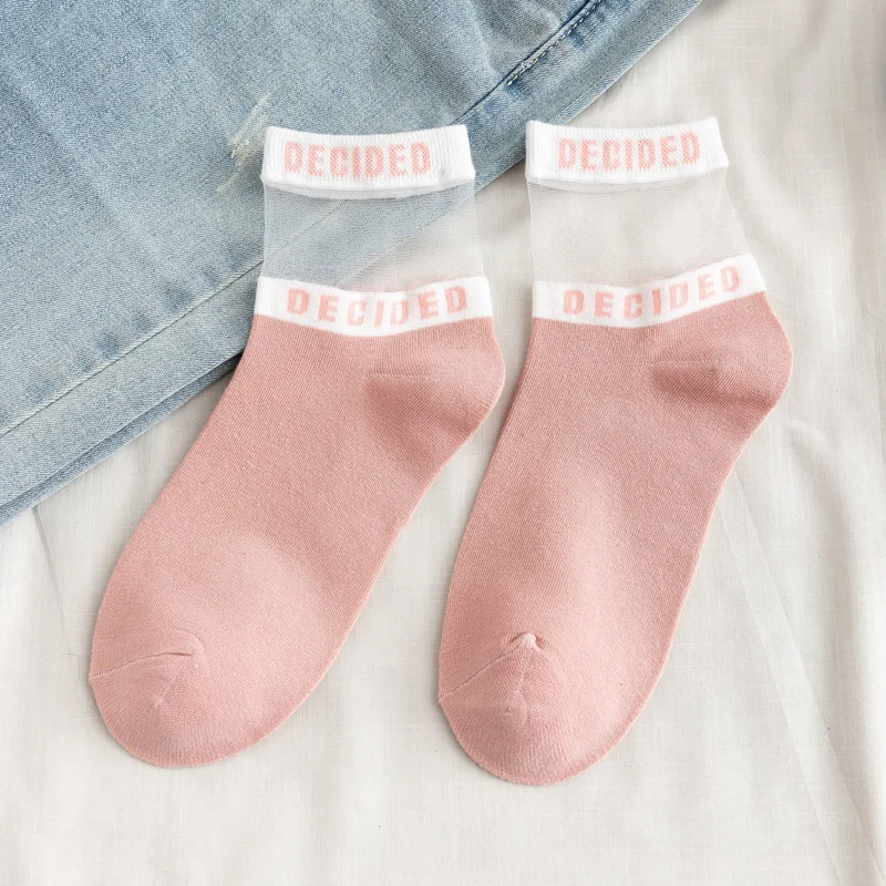 Летние прозрачные носки с буквенным принтом, женские хлопковые короткие носки, тонкие повседневные короткие носки, женские удобные носки, SA-8 - Цвет: pink