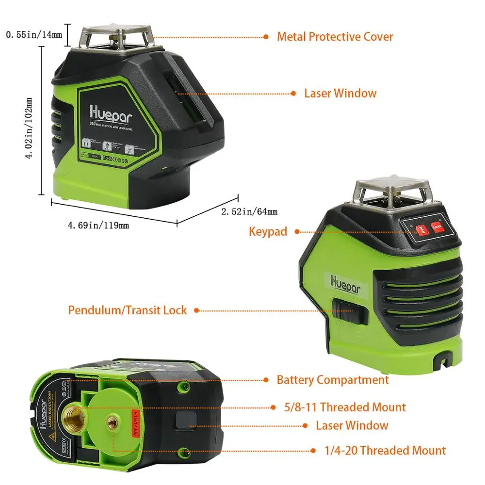 DEC TEAM, 360 градусов, красный лазерный уровень, перекрестная линия с 2 точками, профессиональная мера, самонивелирующаяся 621CR