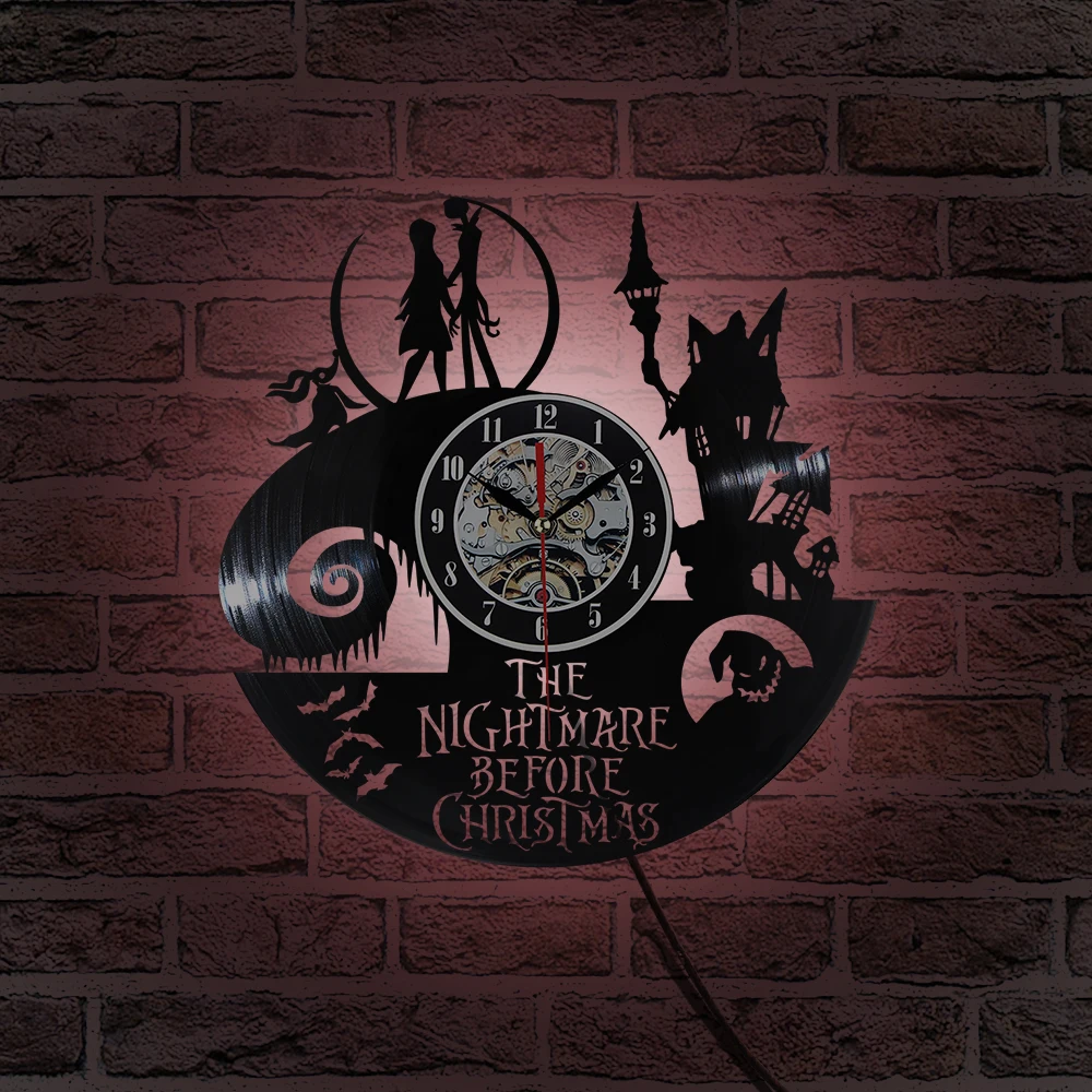 Виниловая пластинка настенные часы со светодиодный Кошмар перед Рождеством тема CD пластинка часы 3D подвесной светодиодный настенные часы антикварные часы